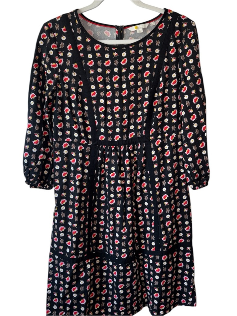 Boden Luna Floral Dress Black Red 3/4 Sleeve Empire Waist A-Line Size 10R - Picture 2 of 6